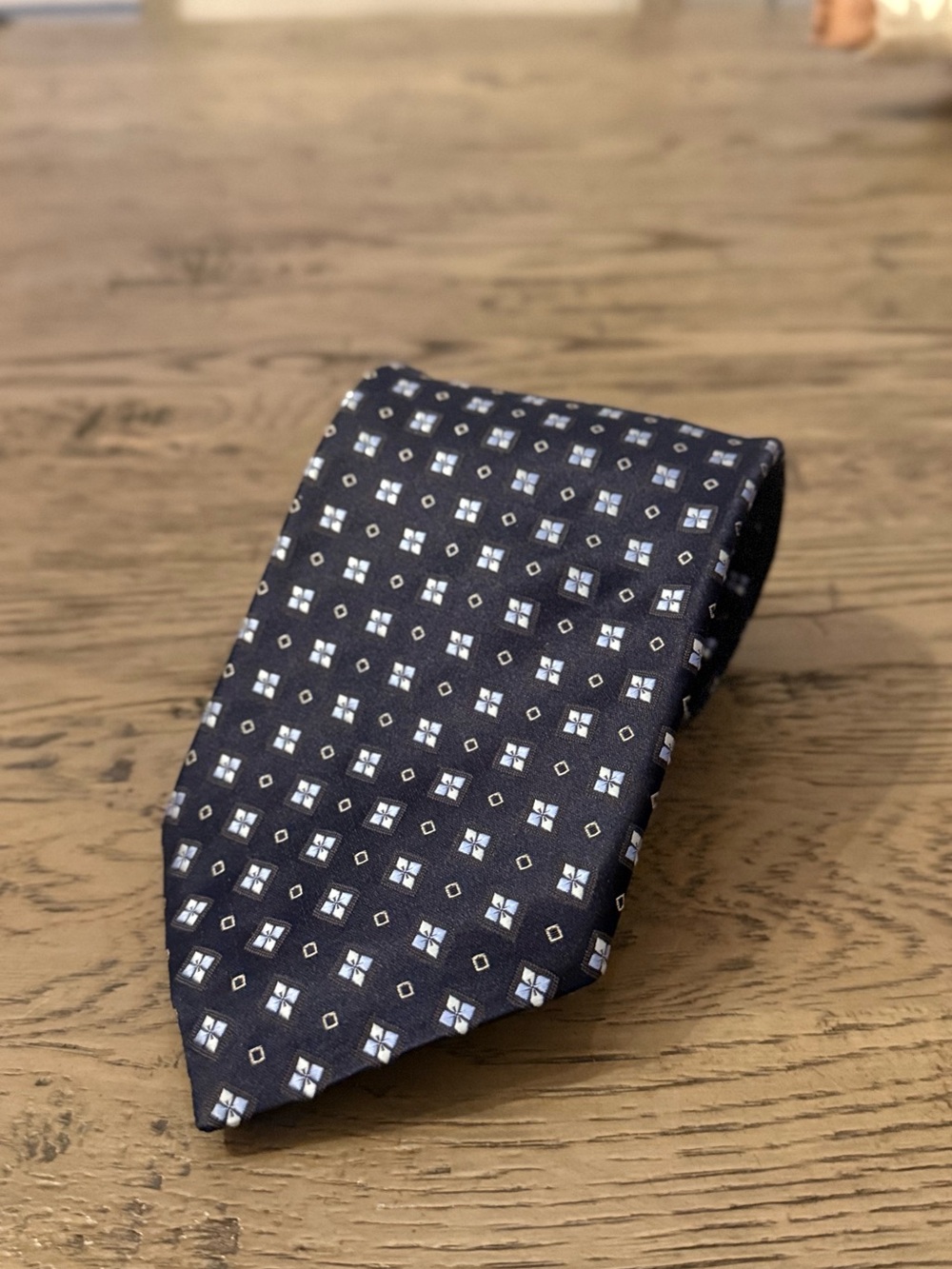 Ermenegildo Zegna Navy Silk Tie with Light Blue Geometric Motif